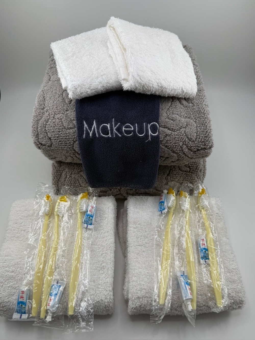 Gray Embroidered Makeup Towel with White Washcloths